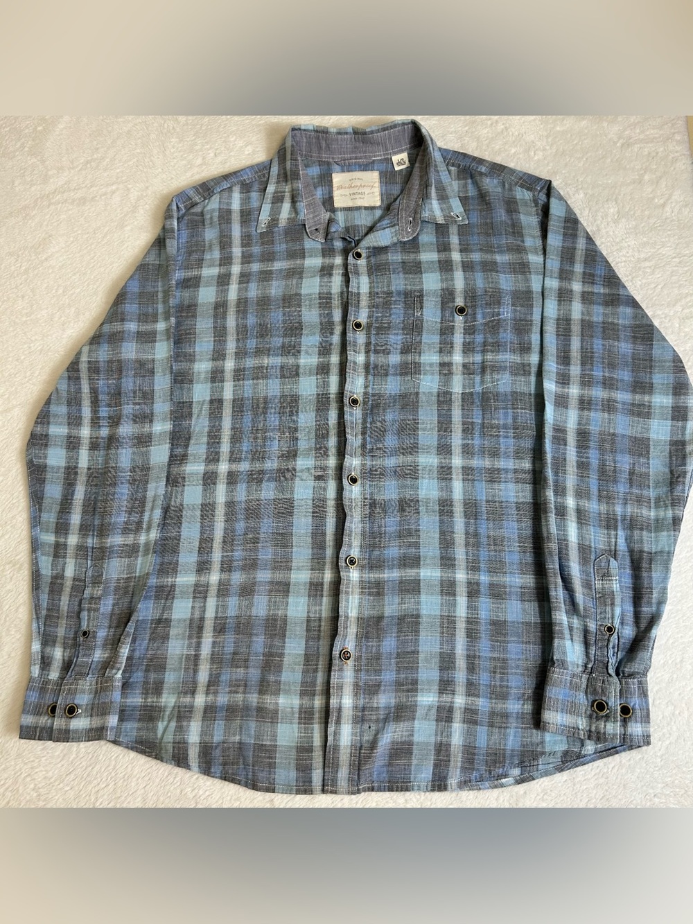 Weatherproof Vintage Men's Dress Shirt Size Large Blue Plaid Button Up Cotton